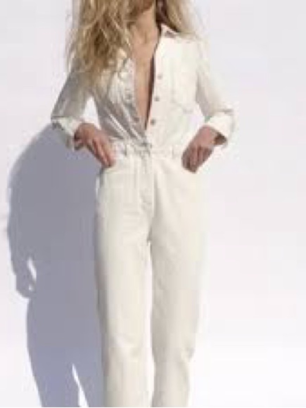 Zara TRF Wide Leg Cream Denim Jumpsuit w/ V-neck- NWT